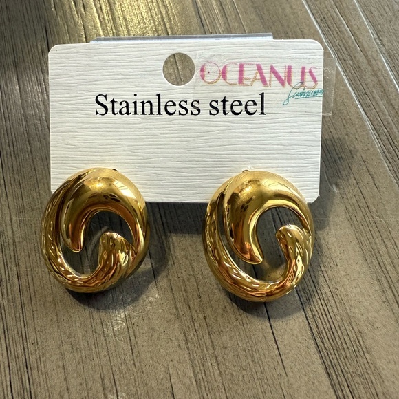 Oceanus revolve Gold Toned swirl textured Earrings - Picture 1 of 8